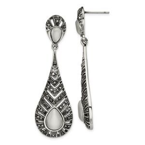 Marcasite & Cat's Eye Teardrop Post Dangle Earrings in Stainless Steel